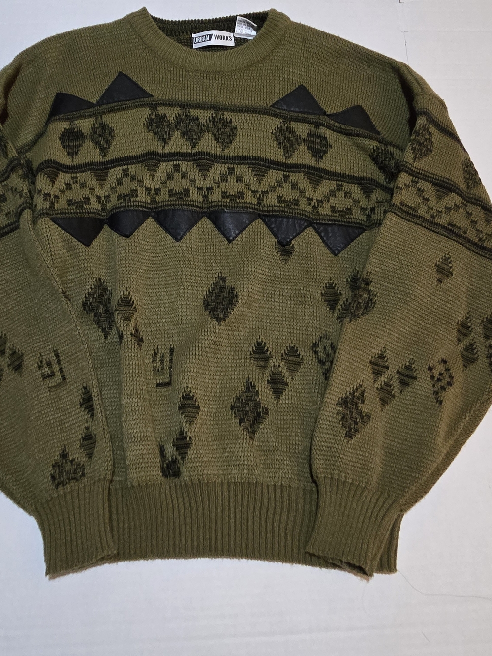 Vintage 90s Urban Works Geometric Knit Sweater Men’s XL Olive Green
